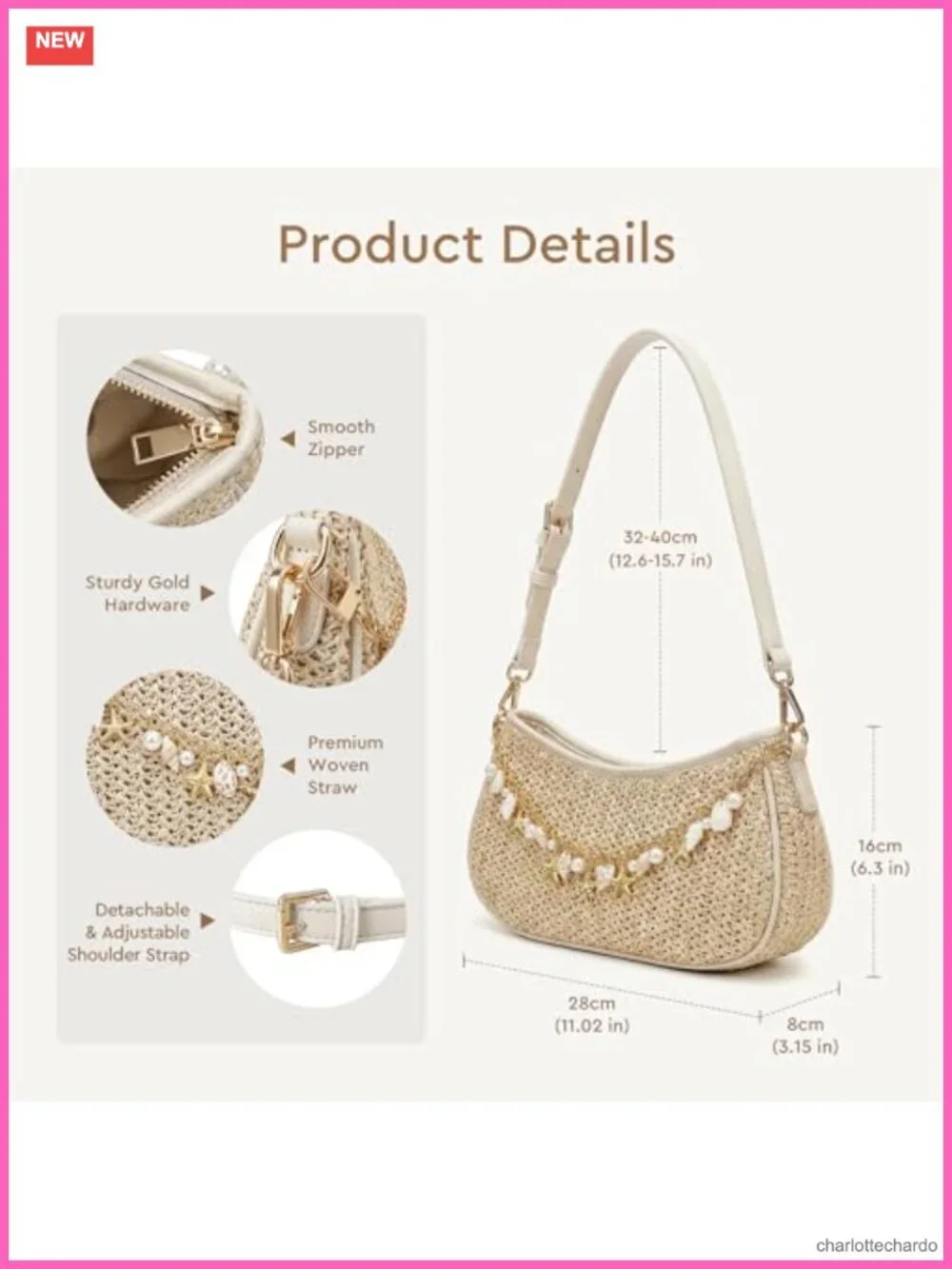 Raffia Woven Straw Shoulder Bag with Charm Chain Summer Beach Hobo Purse